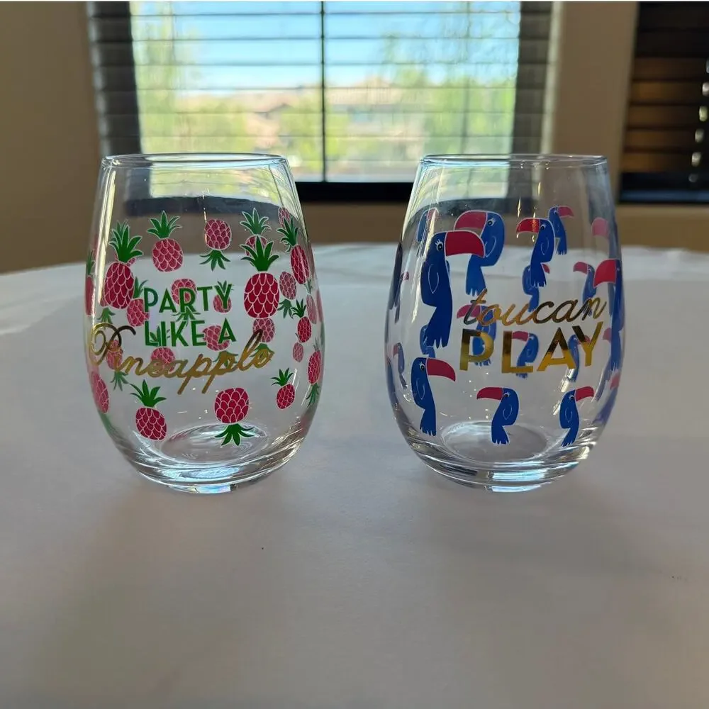 Set of 2 Tropical Summer Stemless Wine Glasses-Pineapple & Toucan Designs